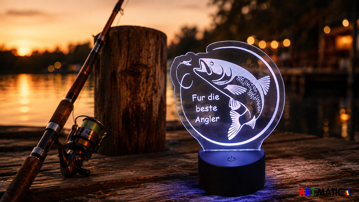 Najbolji ribolovac – LED lampa uz jezero u sumrak LED lampa Najbolji ribolovac na drvenom molu uz jezero u sumrak