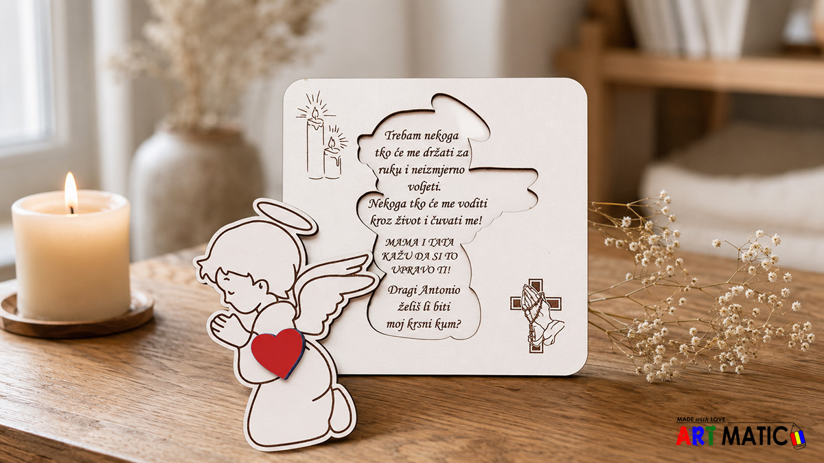 Pitanje za kumstvo na personaliziranom drvenom anđelu