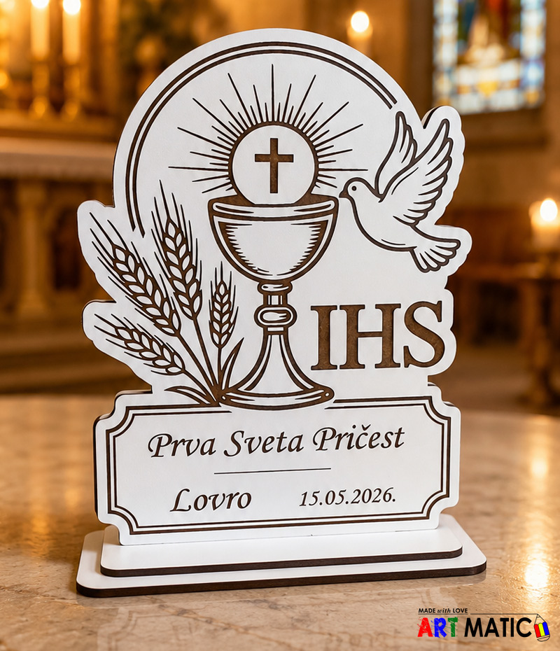 Uspomena na Prvu Pričest Lovro – personalizirana stolna dekoracija Bijela personalizirana stolna dekoracija za Prvu Pričest Lovro s kaležom, golubicom i IHS motivom