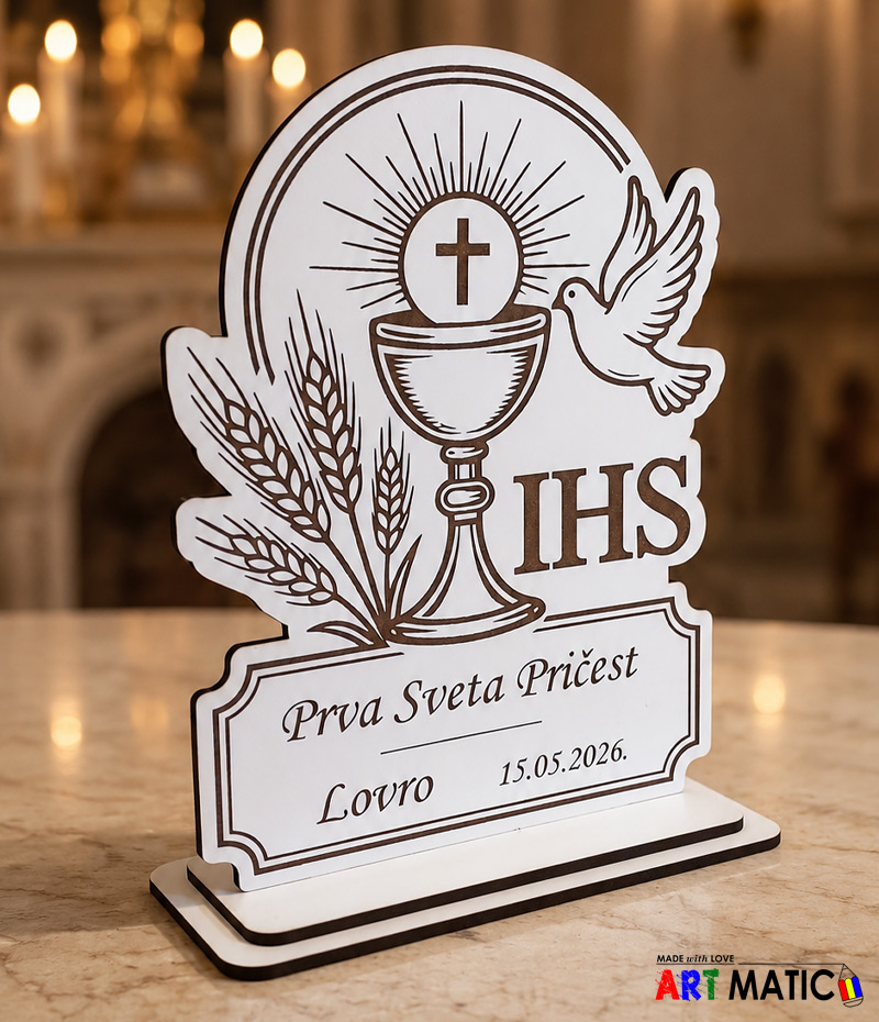 Personalizirana uspomena za Prvu Pričest Lovro u crkvenom ambijentu Uspomena za Prvu Svetu Pričest Lovro kao bijela stolna dekoracija s religijskim motivima