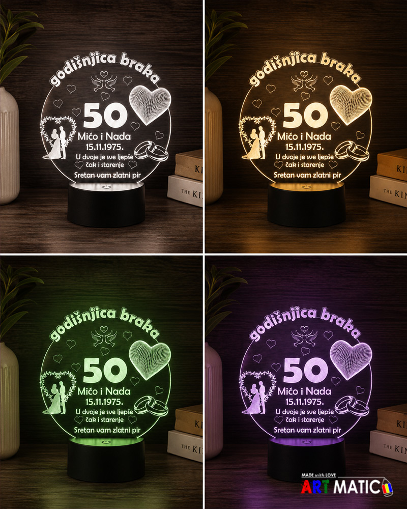 Personalizirana LED lampa za godišnjicu braka u 4 boje osvjetljenja – bijela, žuta, zelena, ljubičasta