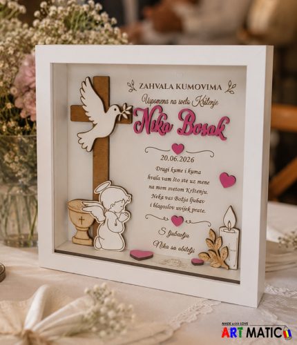 Personalizirana zahvala kumovima za krštenje u bijelom 3D okviru s križem, golubicom i anđelom