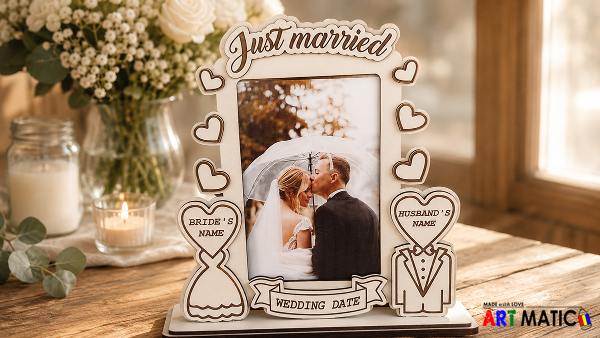 Okvir za sliku Just Married – personalizirani vjenčani poklon Personalizirani okvir za sliku Just Married s imenima mladenaca i datumom vjenčanja