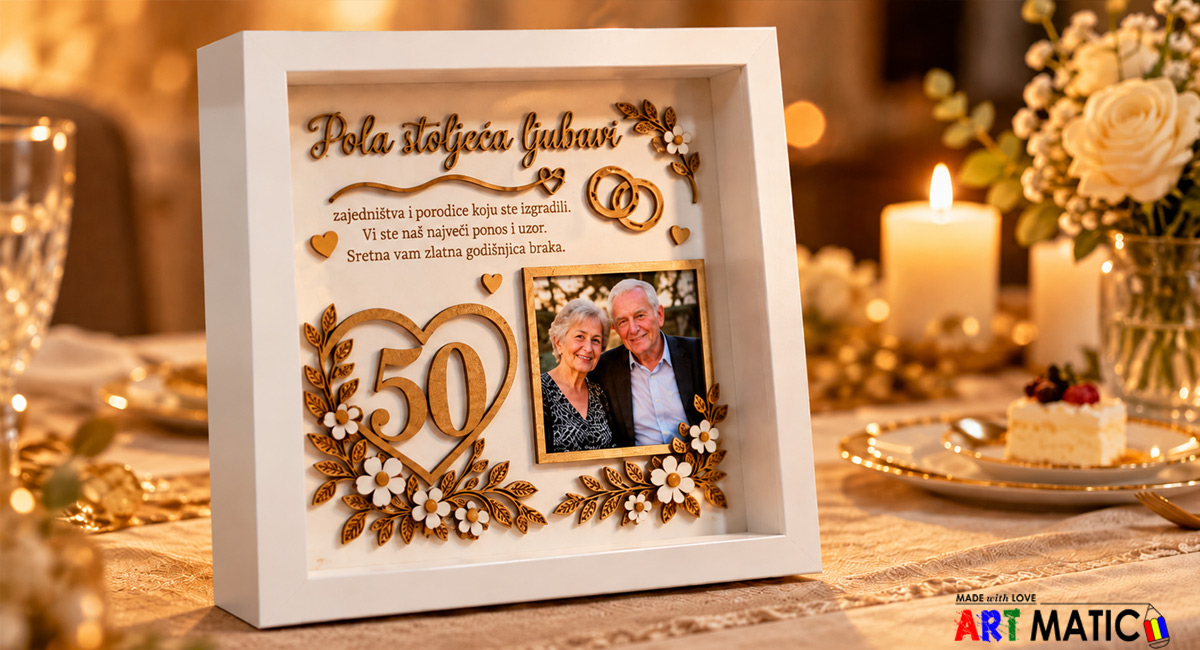 Dubinski okvir za 50. godišnjicu braka – Pola stoljeća ljubavi Personalizirani bijeli dubinski okvir za 50. godišnjicu braka s fotografijom para, zlatnim drvenim ukrasima i brojem 50 na svečanom stolu.